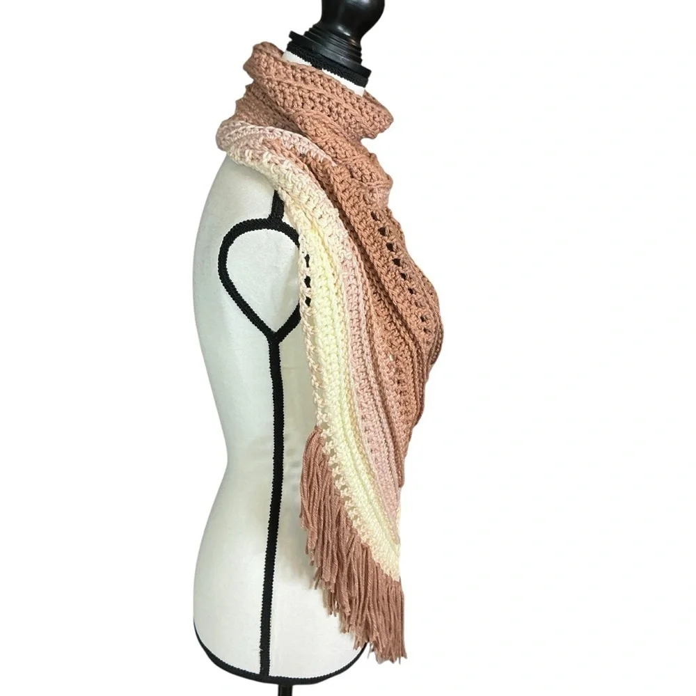Hand Crafted‎ Crochet Turtle Neck Scarf in Beige and Cream with Fringe